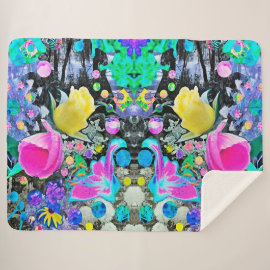 スターガザーリリー、バラとピンクハイビスカスコラージュ シェルパブランケット (正面(横))