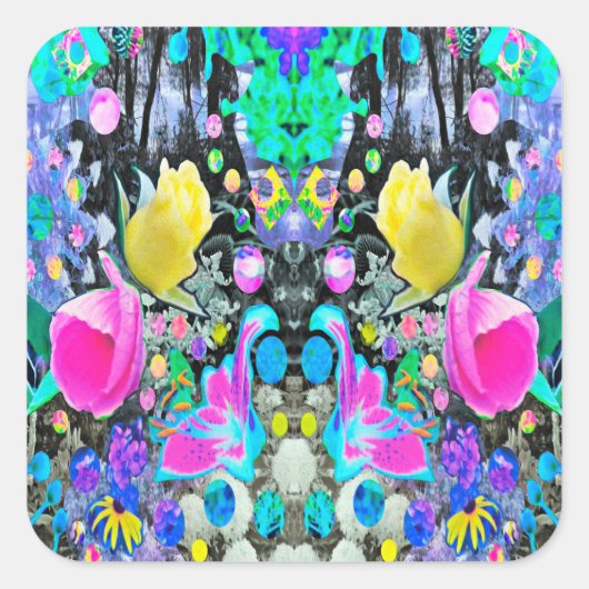 スターガザーリリー、バラとピンクハイビスカスコラージュ スクエアシール (正面)