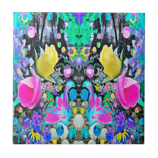 スターガザーリリー、バラとピンクハイビスカスコラージュ タイル (正面)