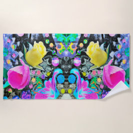 スターガザーリリー、バラとピンクハイビスカスコラージュ ビーチタオル