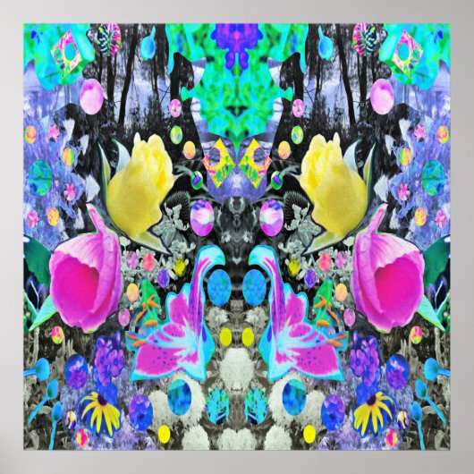 スターガザーリリー、バラとピンクハイビスカスコラージュ ポスター (正面)