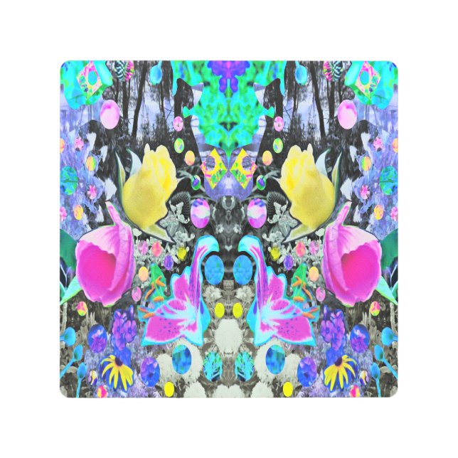 スターガザーリリー、バラとピンクハイビスカスコラージュ メタルプリント (正面)