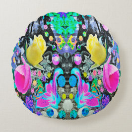 スターガザーリリー、バラとピンクハイビスカスコラージュ ラウンドクッション