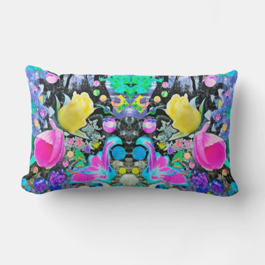 スターガザーリリー、バラとピンクハイビスカスコラージュ ランバークッション (正面)