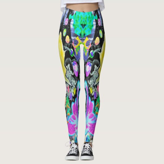 スターガザーリリー、バラとピンクハイビスカスコラージュ レギンス (正面)