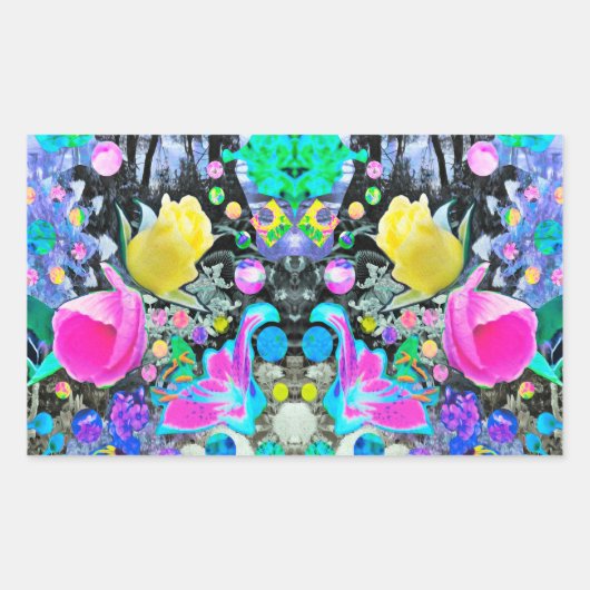 スターガザーリリー、バラとピンクハイビスカスコラージュ 長方形シール (正面)