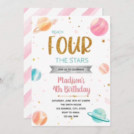 スターギャラクシー宇宙空間で４歳の誕生日 招待状 (正面/裏面)