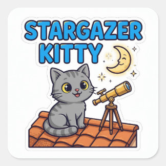 スターゲイザーキティステッカー — 灰色の猫と望遠鏡と星 スクエアシール