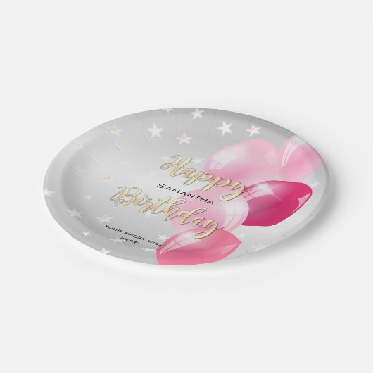 スタースタイリッシュリーハッピーバースデーとピンクバルーン ペーパープレート (アングル)