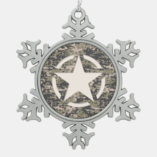 スターステンシルヴィンテージラベルデジタルカキスタイル スノーフレークピューターオーナメント (正面)