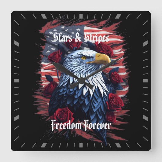 スターストライプズフリーダムフォーエバーイーグルアメリカ国旗 スクエア壁時計 (正面)