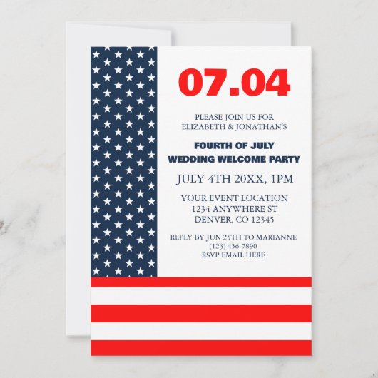 スターストライプズ国旗の7月の歓迎結婚4日 招待状 (正面)