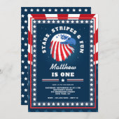スターストライプズ&おもしろいオールアメリカンの誕生日 招待状 (正面/裏面)