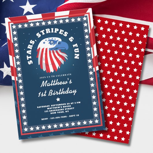 スターストライプズ&おもしろいオールアメリカンの誕生日 招待状