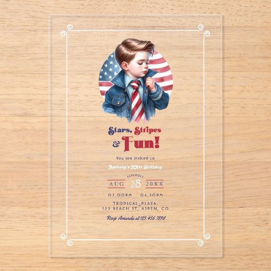 スターストライプズ&おもしろい愛国少年バースデーパーティー アクリル招待状 (正面)