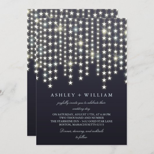 スターストリングライトダークブルー夕べ結婚ズ 招待状 (正面/裏面)