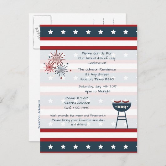 スタースパングルド4th of 7月パーティの招待状 インビテーションポストカード (正面/裏面)