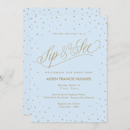 スターズきらめくブルーボーイベビーsipと参照 招待状 (正面/裏面)