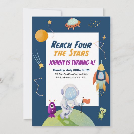 スターズアウタースペースキッズ4th誕生日パーティー招待状 招待状 (正面)