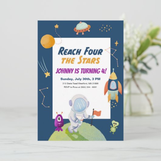 スターズアウタースペースキッズ4th誕生日パーティー招待状 招待状 (スタンド正面)