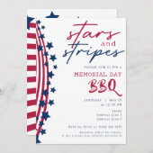 スターズアンドストライプアメリカ国旗のメモリアルデーBBQ 招待状 (正面/裏面)