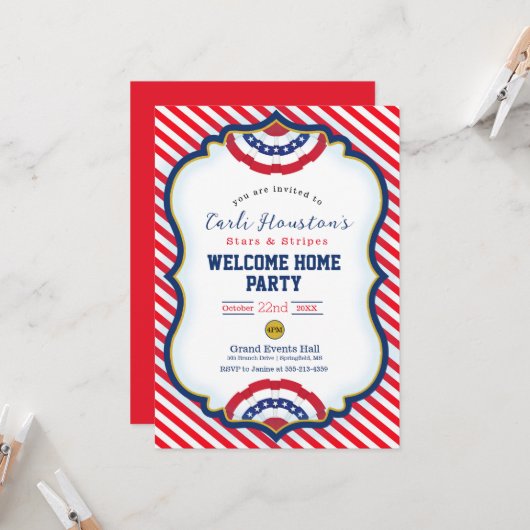 スターズアンドストライプウェルカムホームパーティの招待状 カード (正面/裏面インサイチュ)