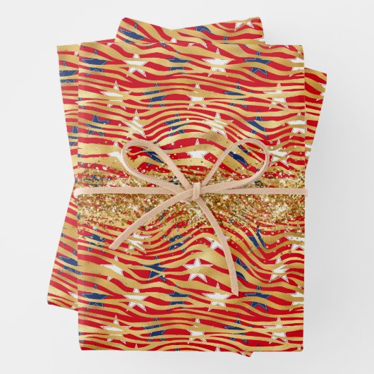 スターズアンドストライプス金ゴールドグリッター独立記念日 ラッピングペーパーシート (インサイチュ)