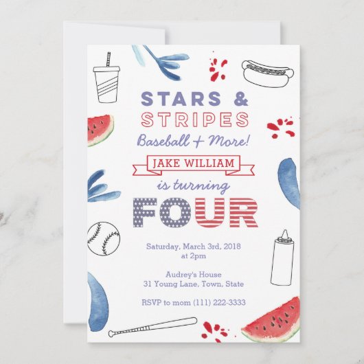 スターズアンドストライプズ4thバースデーベースボールパーティー 招待状 (正面)