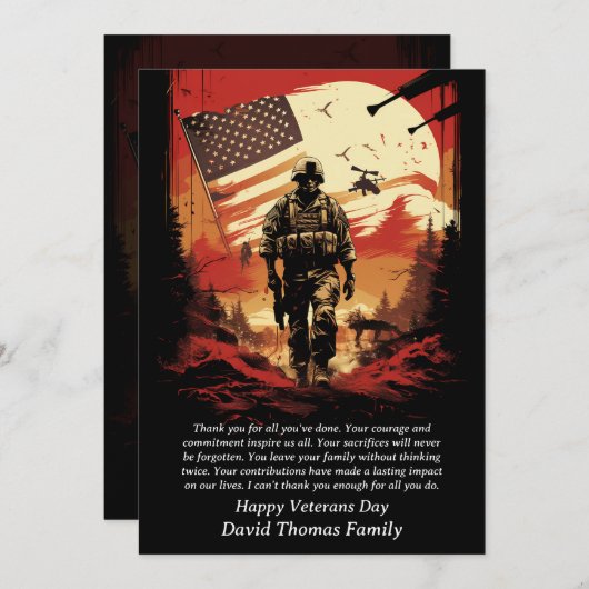 スターズアンドストライプ愛国的統一された州退役軍人 サンキューカード (正面/裏面)