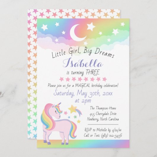 スターズアンドムーンレインボースカイマジカルユニコーン誕生日 招待状 (正面/裏面)
