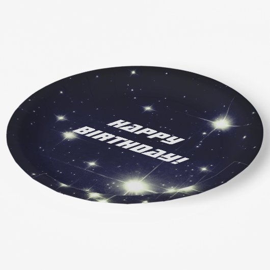 スターズイン深い宇宙ダークブルーハッピーバースデー ペーパープレート (アングル)