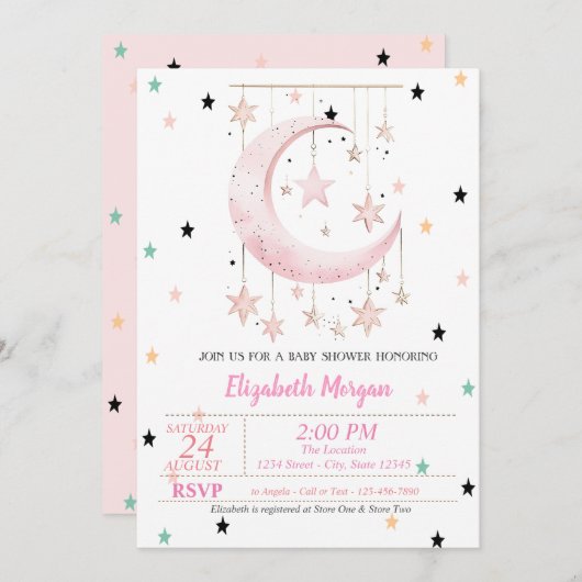 スターズカラフルピンクムーンベビーシャワー 招待状 (正面/裏面)