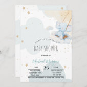 スターズクラウドブルーテディベア赤ちゃんシャワー 招待状 (正面/裏面)