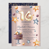 スターズケーキネイビーブルーバラ金ゴールドスウィート16招待状 招待状 (正面/裏面)