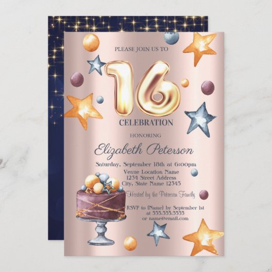 スターズケーキネイビーブルーバラ金ゴールドスウィート16招待状 招待状 (正面/裏面)