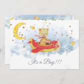 *~*スターズテディベアレッド飛行機男の赤ちゃんシャワー 招待状 (正面/裏面)