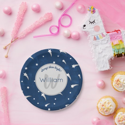 スターズブルーウォーターカラーモノグラム男の赤ちゃん誕生日 ペーパープレート (パーティー)
