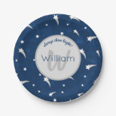 スターズブルーウォーターカラーモノグラム男の赤ちゃん誕生日 ペーパープレート (正面)