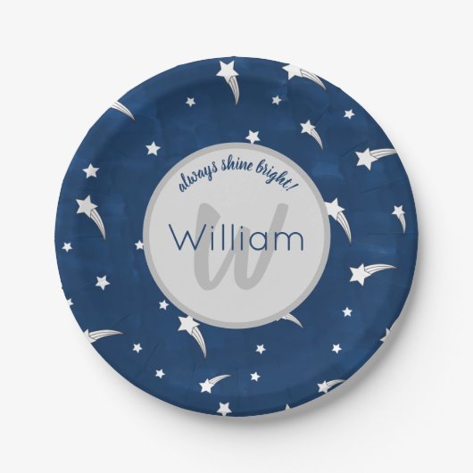 スターズブルーウォーターカラーモノグラム男の赤ちゃん誕生日 ペーパープレート (正面)