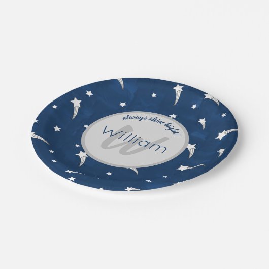 スターズブルーウォーターカラーモノグラム男の赤ちゃん誕生日 ペーパープレート (アングル)