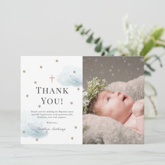 スターズブルークラウドフォトボーイバプテスマサンキューカード 招待状 (スタンド正面)