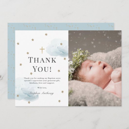 スターズブルークラウドフォトボーイバプテスマサンキューカード 招待状 (正面/裏面)