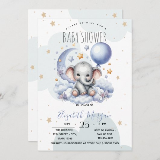 スターズムーンクラウドテディベア赤ちゃんシャワー 招待状 (正面/裏面)