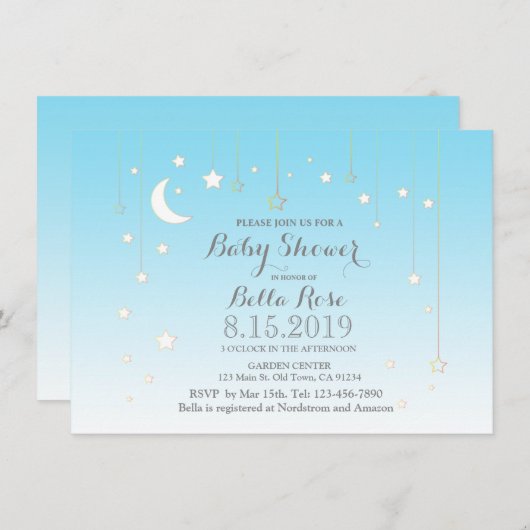 スターズムーンブルー男の子の赤ちゃんシャワーの招待 招待状 (正面/裏面)