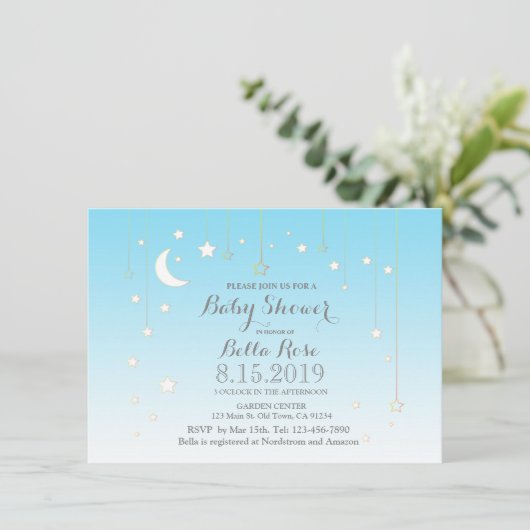 スターズムーンブルー男の子の赤ちゃんシャワーの招待 招待状 (スタンド正面)