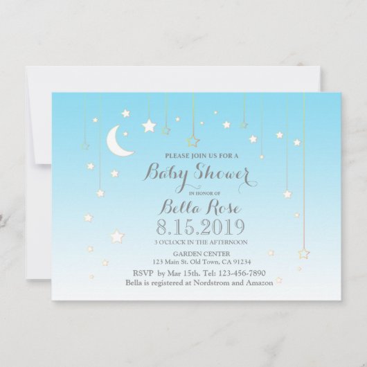 スターズムーンブルー男の子の赤ちゃんシャワーの招待 招待状 (正面)