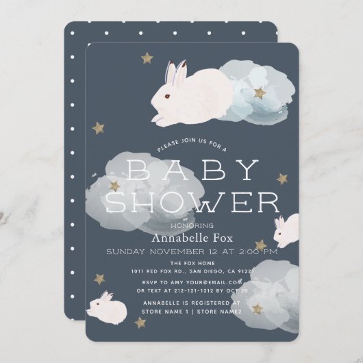 スターズ&クラウド飛んでいるバニーベビーシャワー招待状 招待状 (正面/裏面)