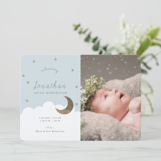 スターズ&ムーンブルー少年の写真誕生のお知らせ 招待状 (スタンド正面)