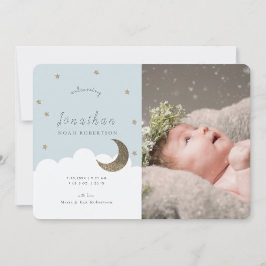 スターズ&ムーンブルー少年の写真誕生のお知らせ 招待状 (正面)