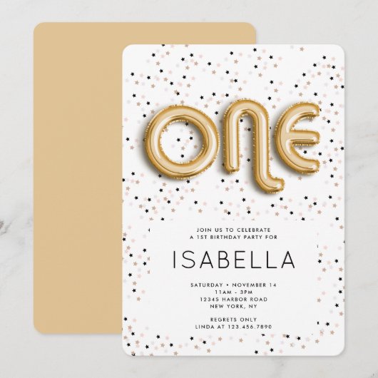 スターズ n ゴールド フォイル バルーン タイプ 1歳の誕生日 招待状 (正面/裏面)